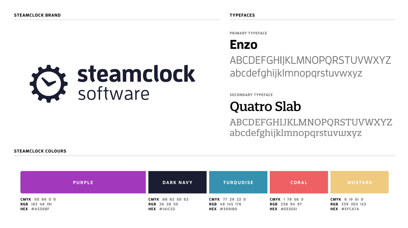 Steamclock brand guide showing Enzo primary typeface and Quatro Slab secondary typeface alongside the color palette