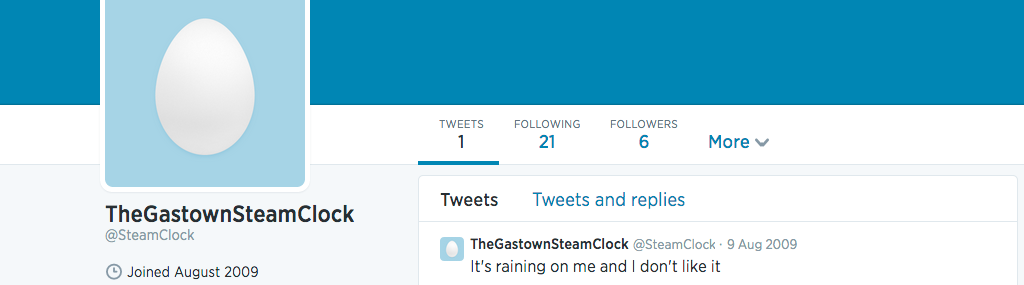 The @steamclock Twitter profile, showing a profile picture of an egg and the name 'TheGastownSteamClock'