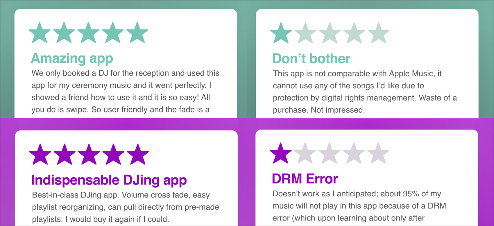 Party Monster reviews showing great reviews raving about the app alongside poor reviews mentioning DRM