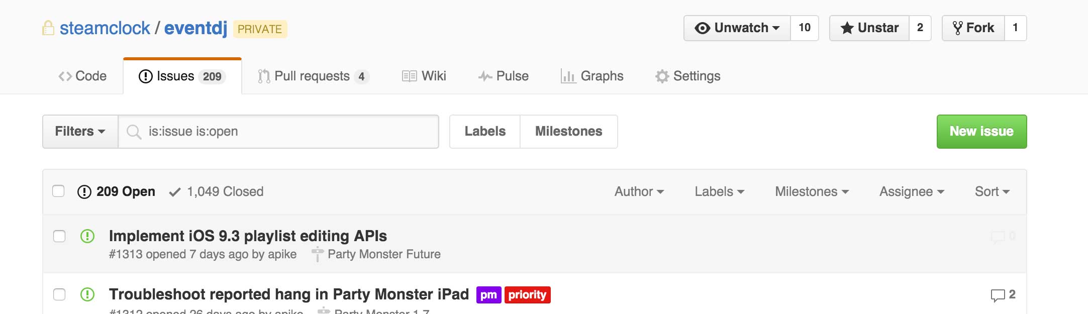 Screenshot of eventdj's GitHub repository showing the open issues inside the issues tab