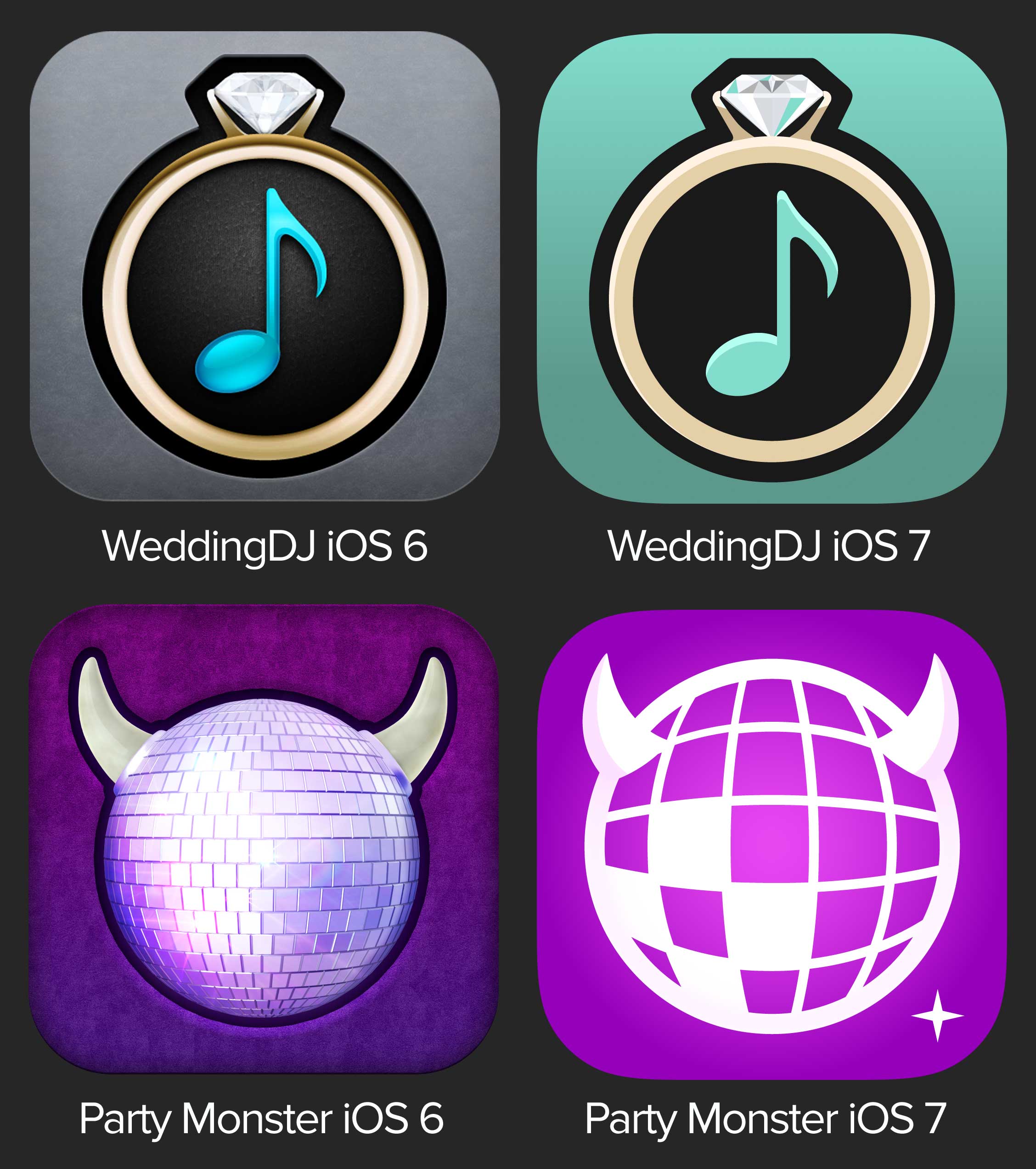 Side-by-side comparison of the old design versus the new cleaner design for WeddingDJ's and Party Monster's iOS app icons