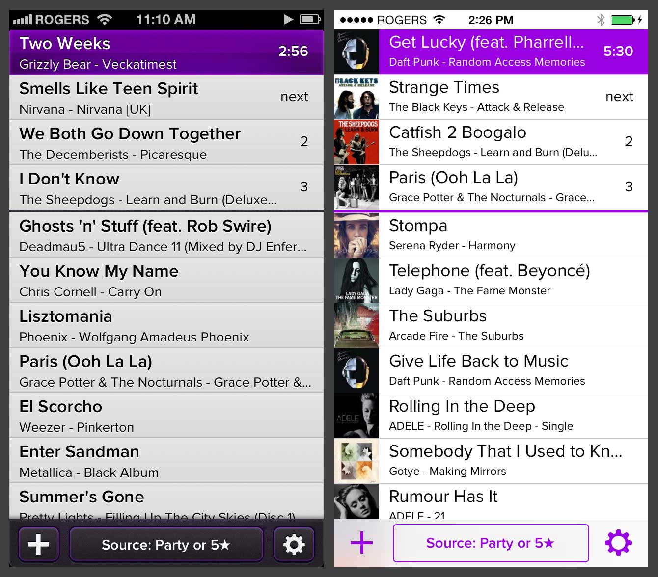 Side-by-side comparison of Party Monster playlist view with old UI versus the new minimalist UI