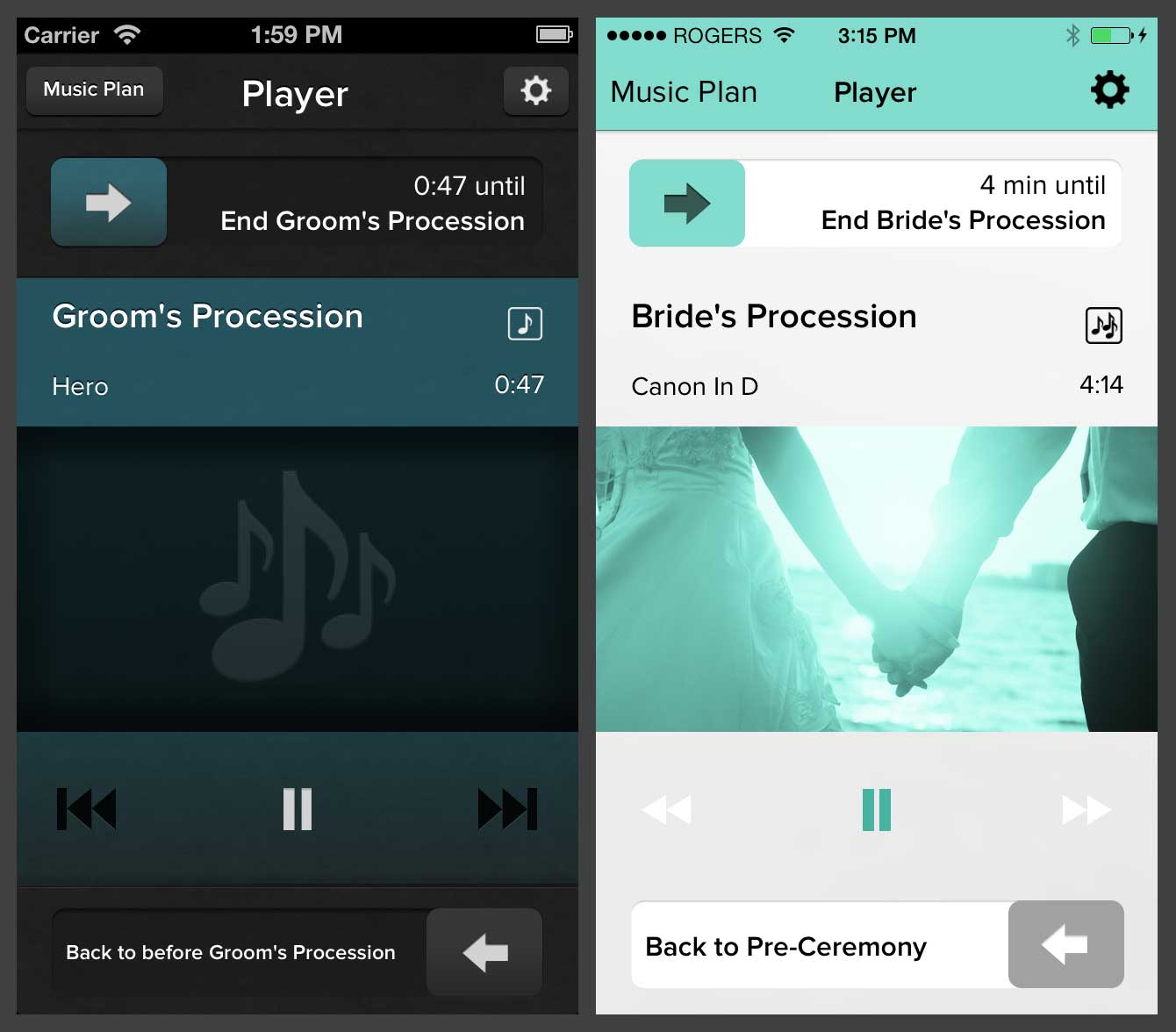 Side-by-side comparison of WeddingDJ's in-app player with the old dark mode UI versus the new cleaner light mode UI