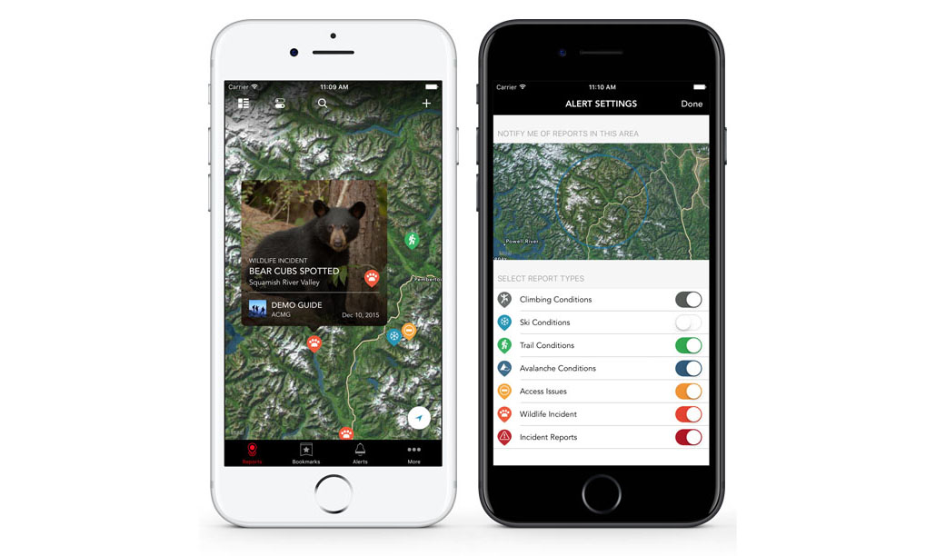 Two iPhones showing the Mountain Conditions Report app showcasing the map view with a 'bear cubs spotted' alert and the alert settings view