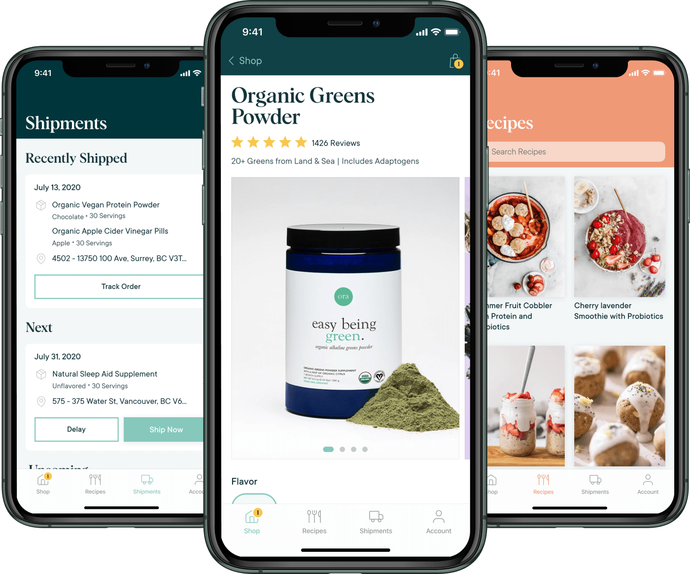 Ora in-app views showing the item view for Organic Greens Powder in the shop, the Recipes page, and the Shipments page showing your recently shipped items and upcoming shipments
