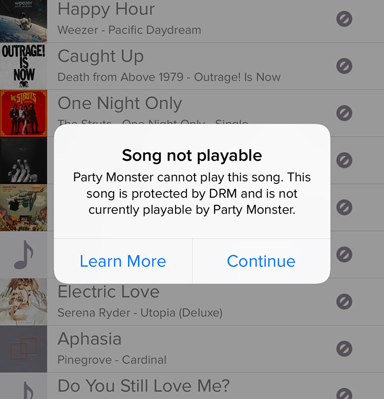 Party Monster app with a 'song not playable' alert