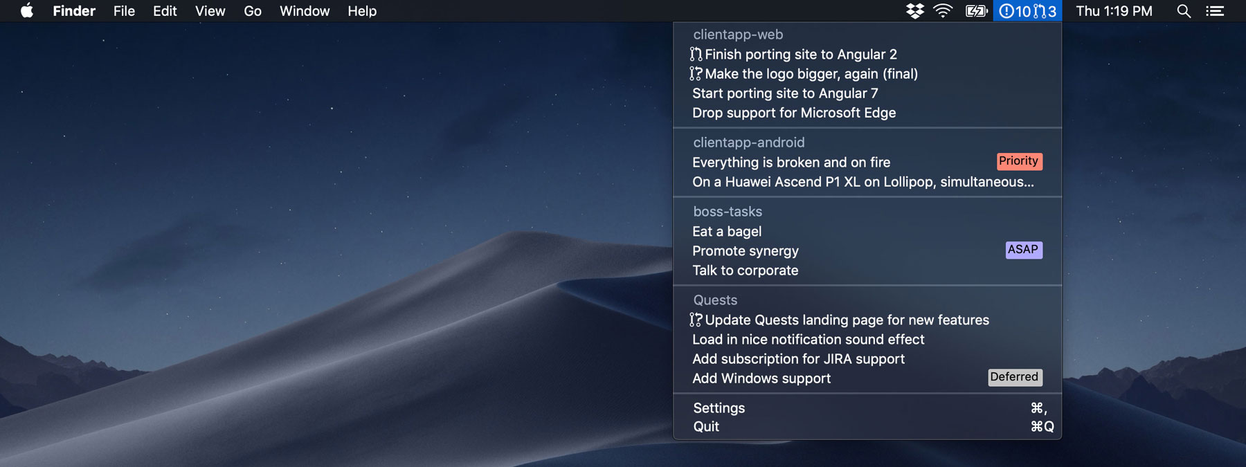 Mac homescreen featuring Quests menu bar icon with a dropdown list of active issues and pull requests