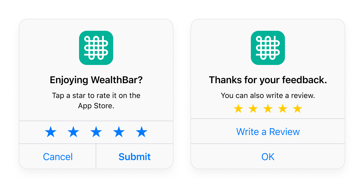 The standard iOS review prompt reading 'Enjoying WealthBar? Tap a star to rate it on the app store' followed up by the SKStoreContollerAPI prompt reading 'Thanks for your feedback. You can also write a review.' with the selected amount of stars displayed