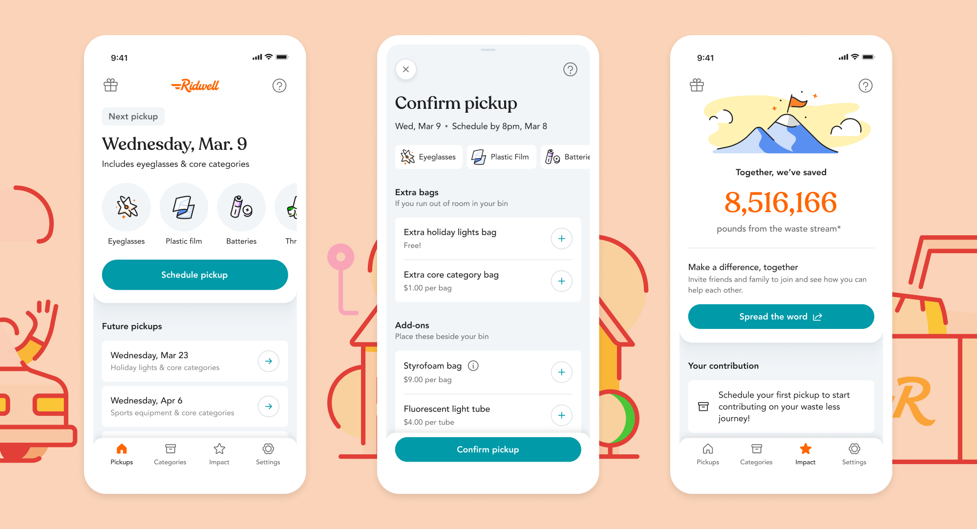 Three Ridwell in-app views showing the homepage featuring the next pickup, the confirm pickup view, and the impact view