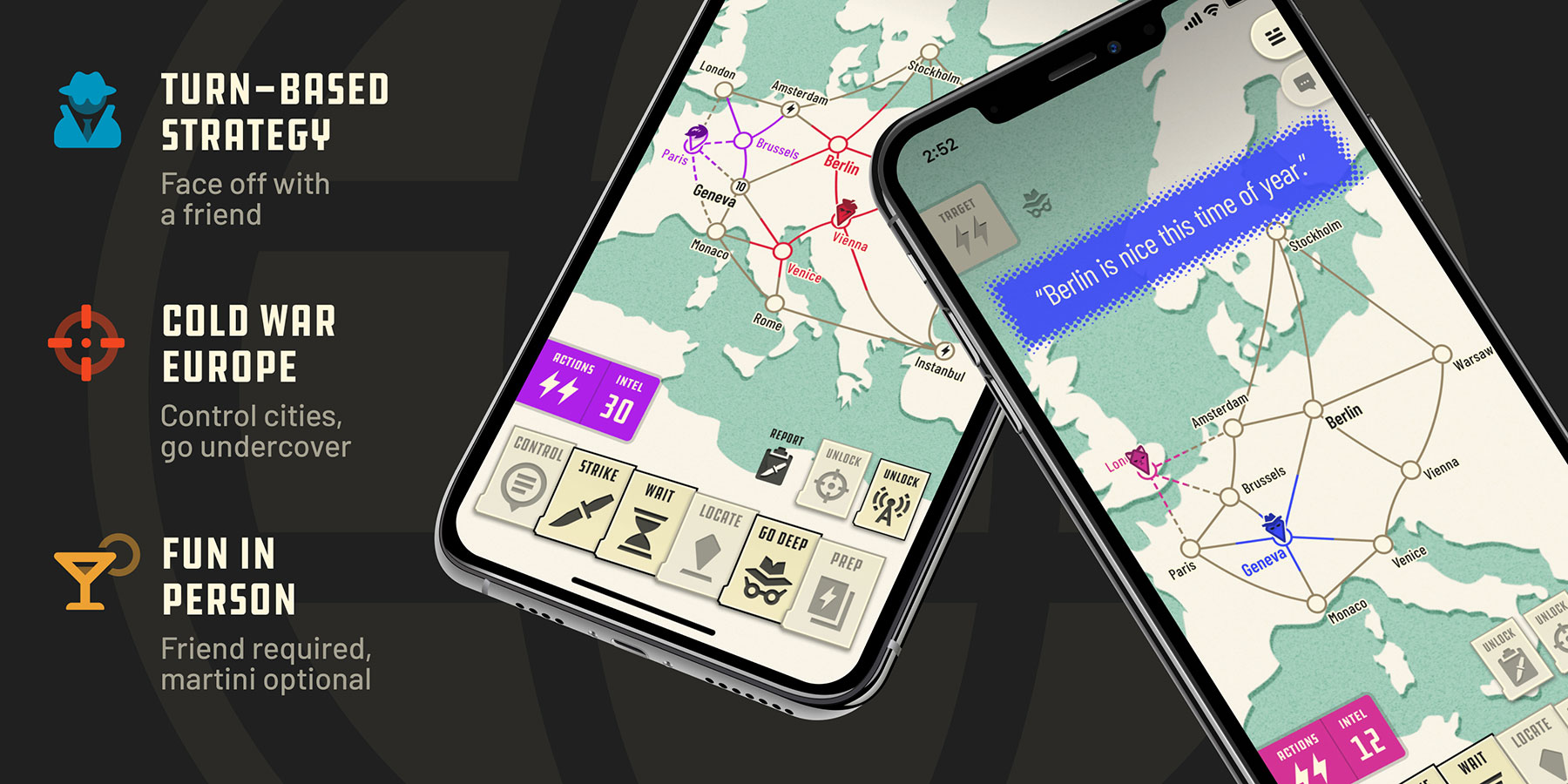 The Two Spies in-game view with the features 'Turn Based Strategy: Face off with a friend', 'Cold War Europe: Control cities, go undercover', and 'Fun In Person: Friend required, martini optional