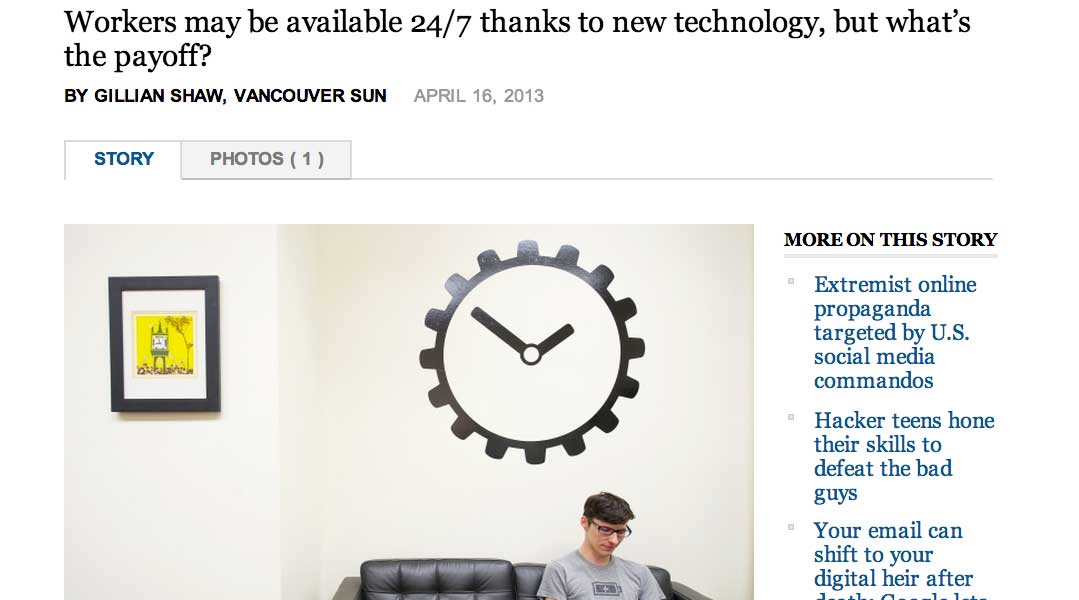 Vancouver sun article showcasing Steamclock CEO Allen Pike sitting underneath the Steamclock logo. Article headline reads 'Workers may be available 24/7 thanks to new technology, but whats the payoff?'