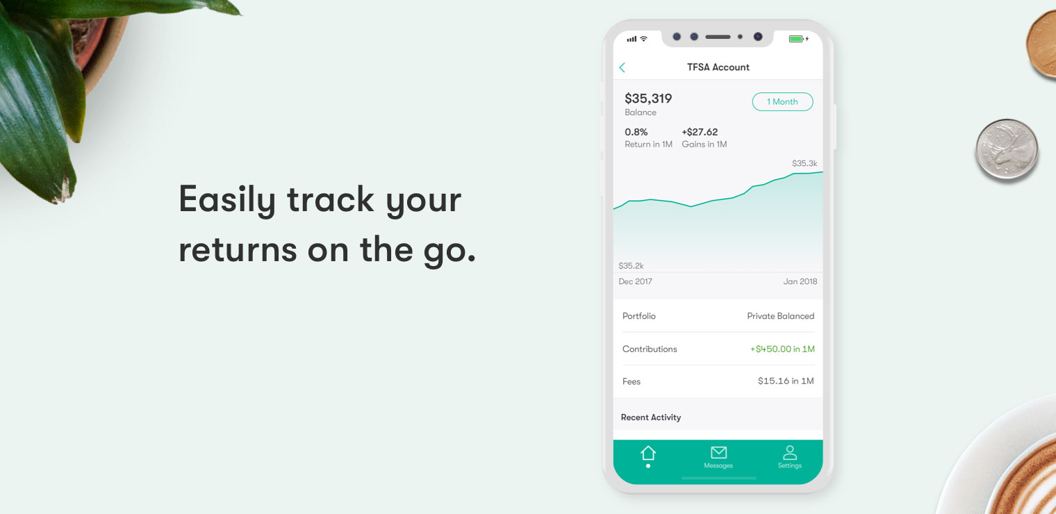 WealthBar marketing image reading 'Easily track your returns on the go.' and showing a phone displaying a TFSA account within the app