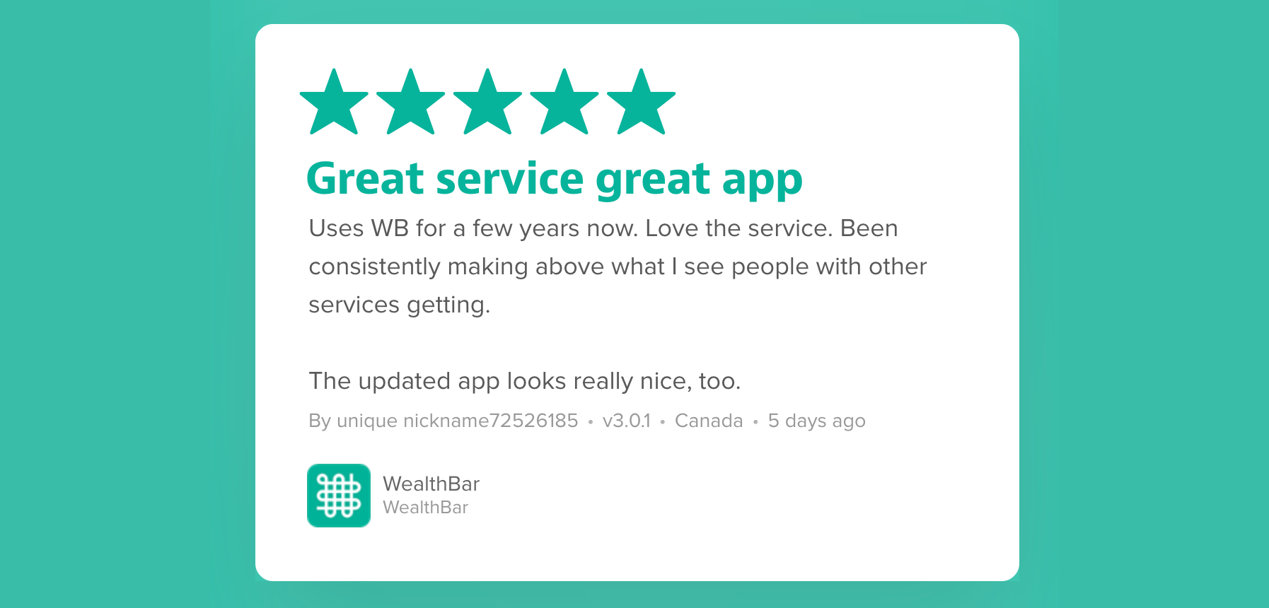 WeathBar review with 5 stars reading 'great service great app. Been consistently using WB for a few years now. Love the service. Been consistenly making above what I see people with other services getting. The updated app looks really nice too.' by uniquenickname72526185