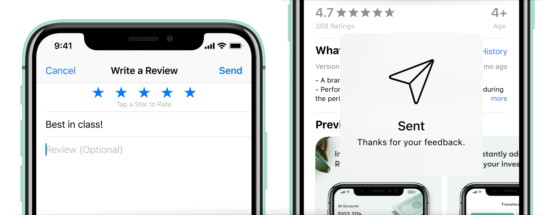 The iOS app store 'Write a review' form followed by a 'Sent' alert thanking you for your feedback