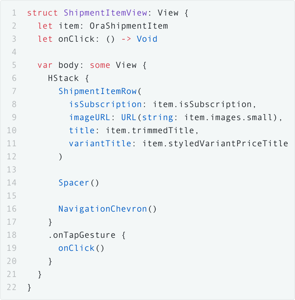 an example of the SwiftUI code in Ora to create an individual shipment item