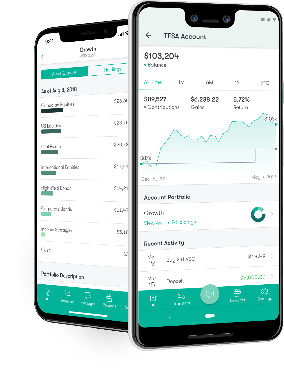 Android app views of a TFSA account and that accounts growth page